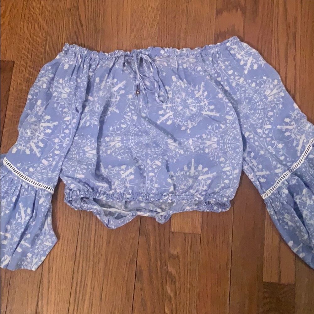 off the shoulder blue flowy top